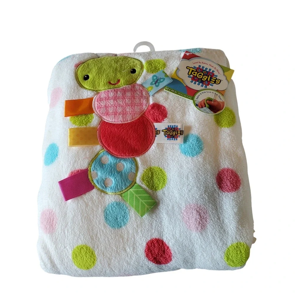 Taggies Caterpillar Polka Dot Sensory Baby Blanket White Plush 30x40 NWT